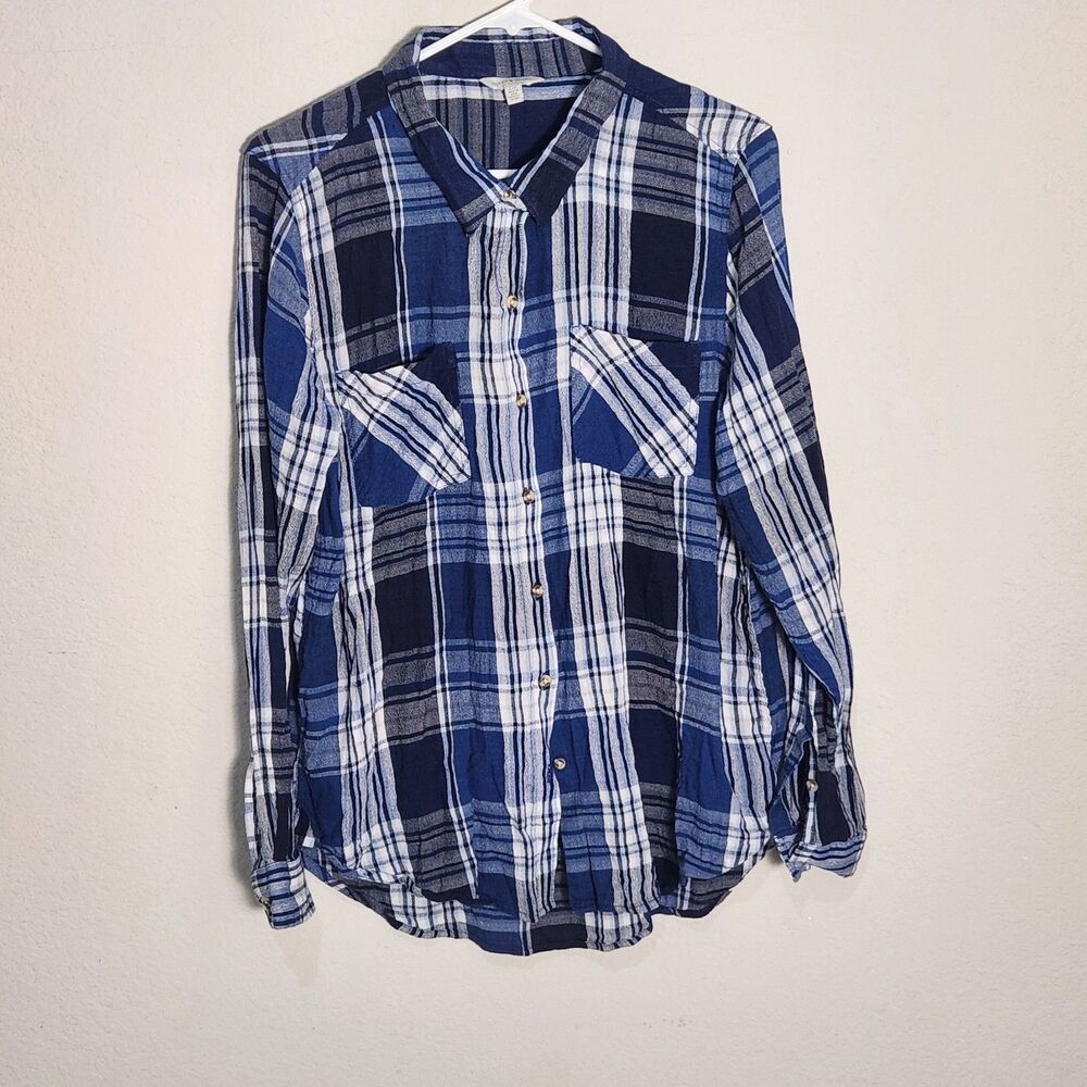 Lucky Brand Womens‎ Large Blue Plaid Button Up Shirt Cotton Blend Long Sleeve